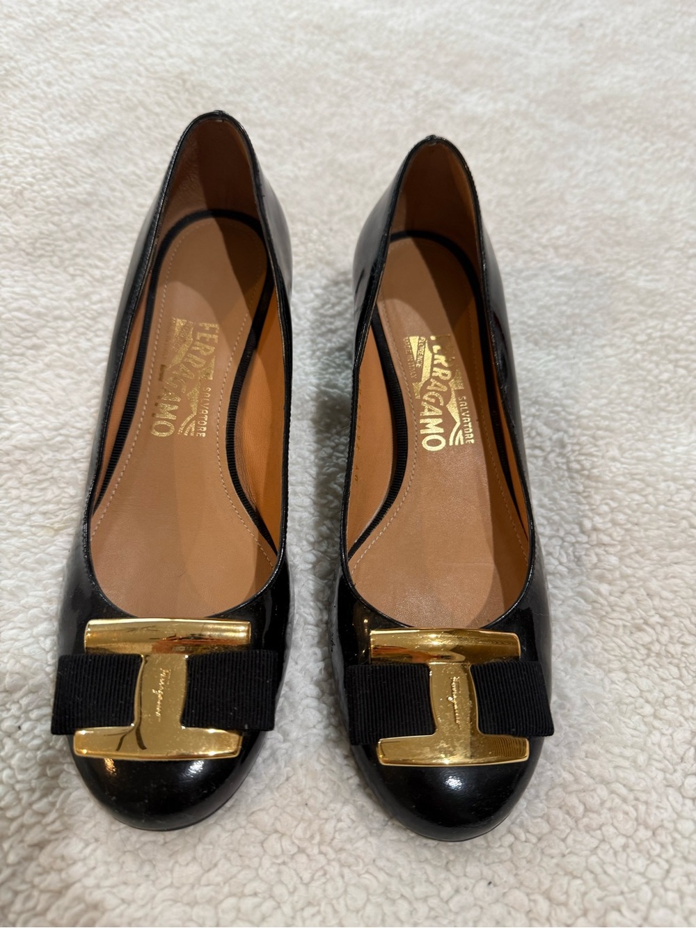 Salvatore Ferragamo Black Patent Vara Bow Flats with Gold Hardware